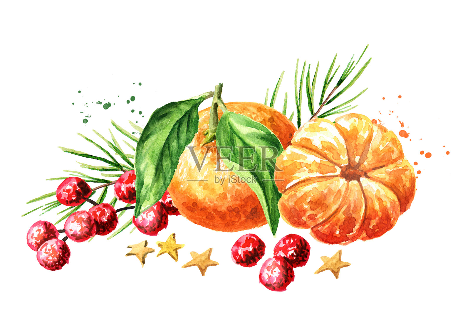 多汁的桔子或橘子与装饰品，新年和圣诞节的概念。手绘水彩插图孤立的白色背景插画图片素材