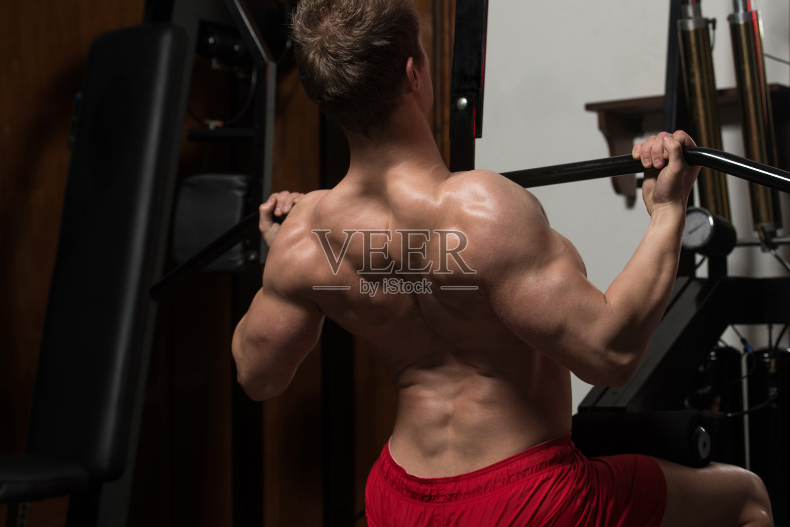肌肉发达的人在做背部重量锻炼照片摄影图片