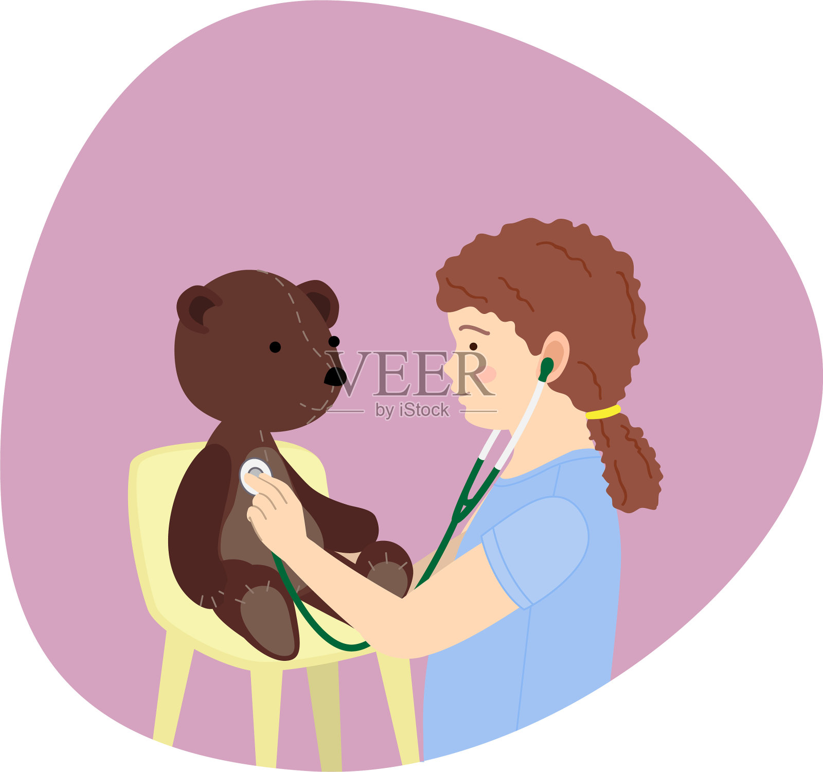 棕色头发的小女孩扮演医生插画图片素材