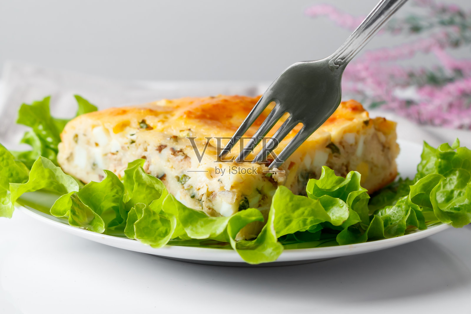 用盘子装着蔬菜的自制鱼派。白色背景上的地中海菜。照片摄影图片