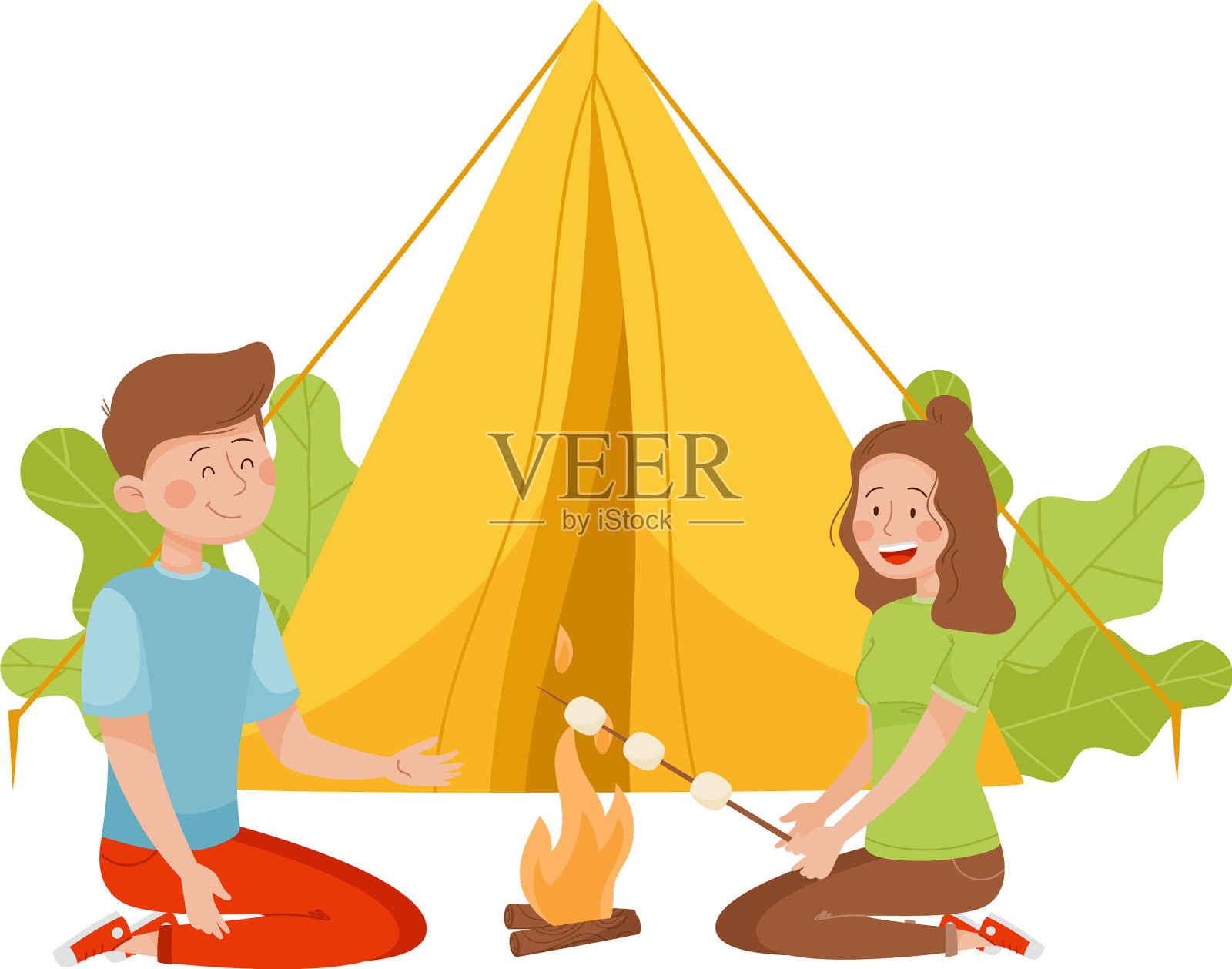年轻的男人和女人坐在火旁插画图片素材