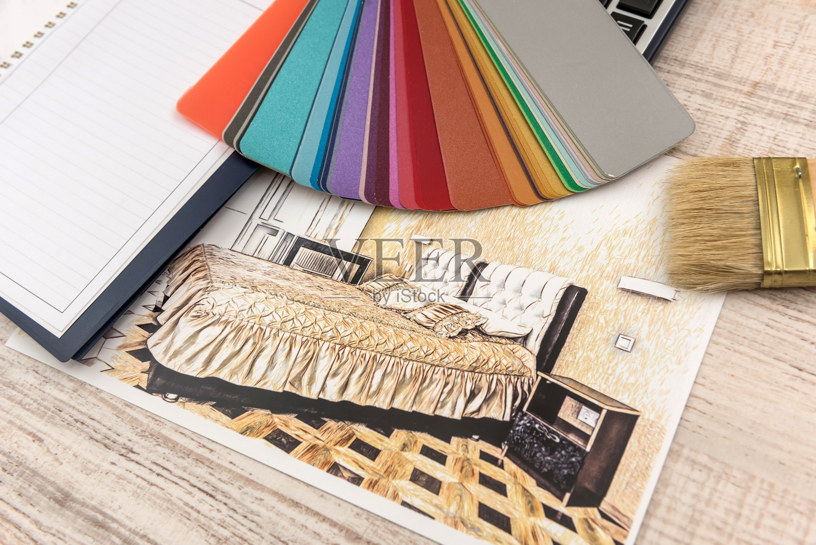 建筑师工作草图计划蓝图与调色板的帮助照片摄影图片