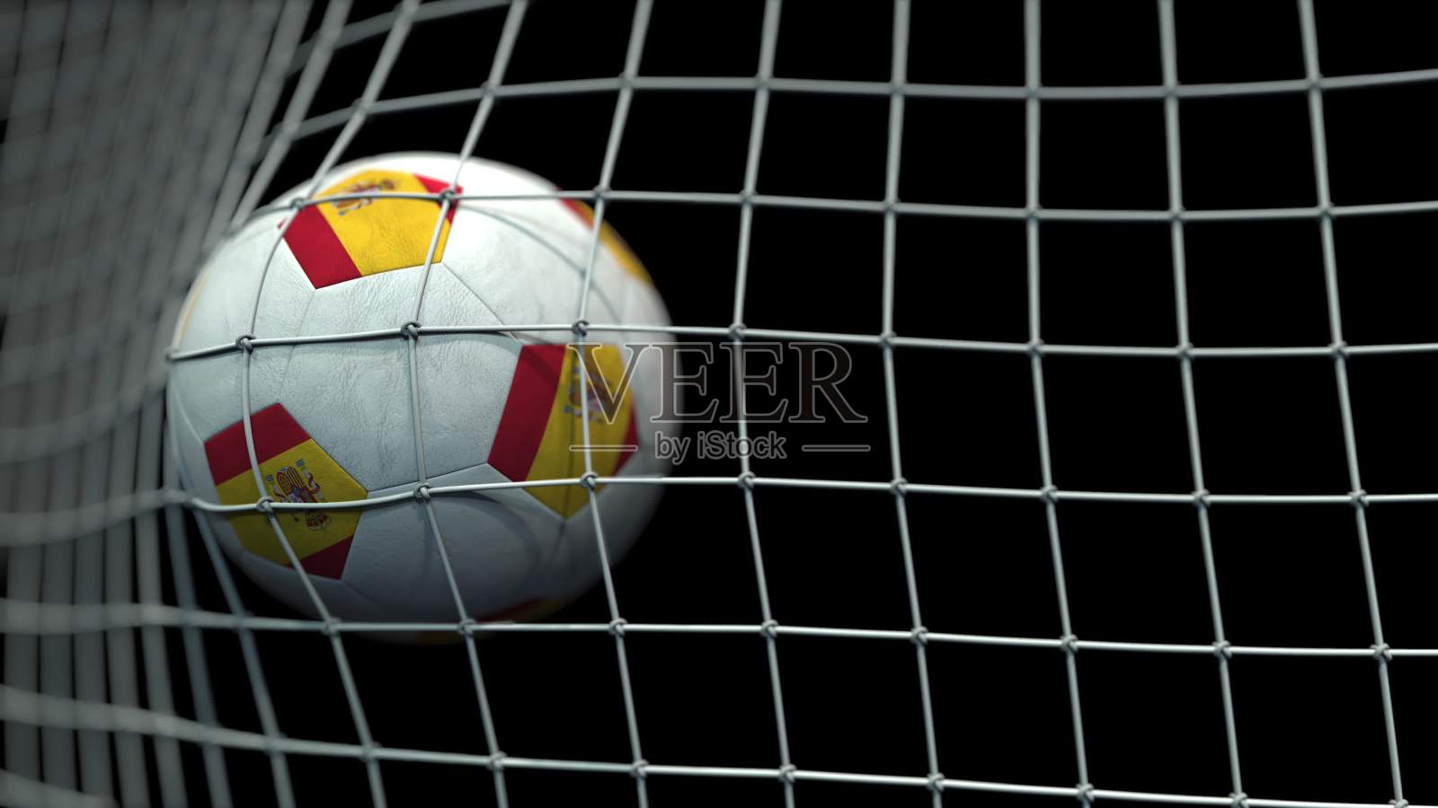 足球与西班牙国旗的球门在黑色的背景。概念3 d渲染照片摄影图片