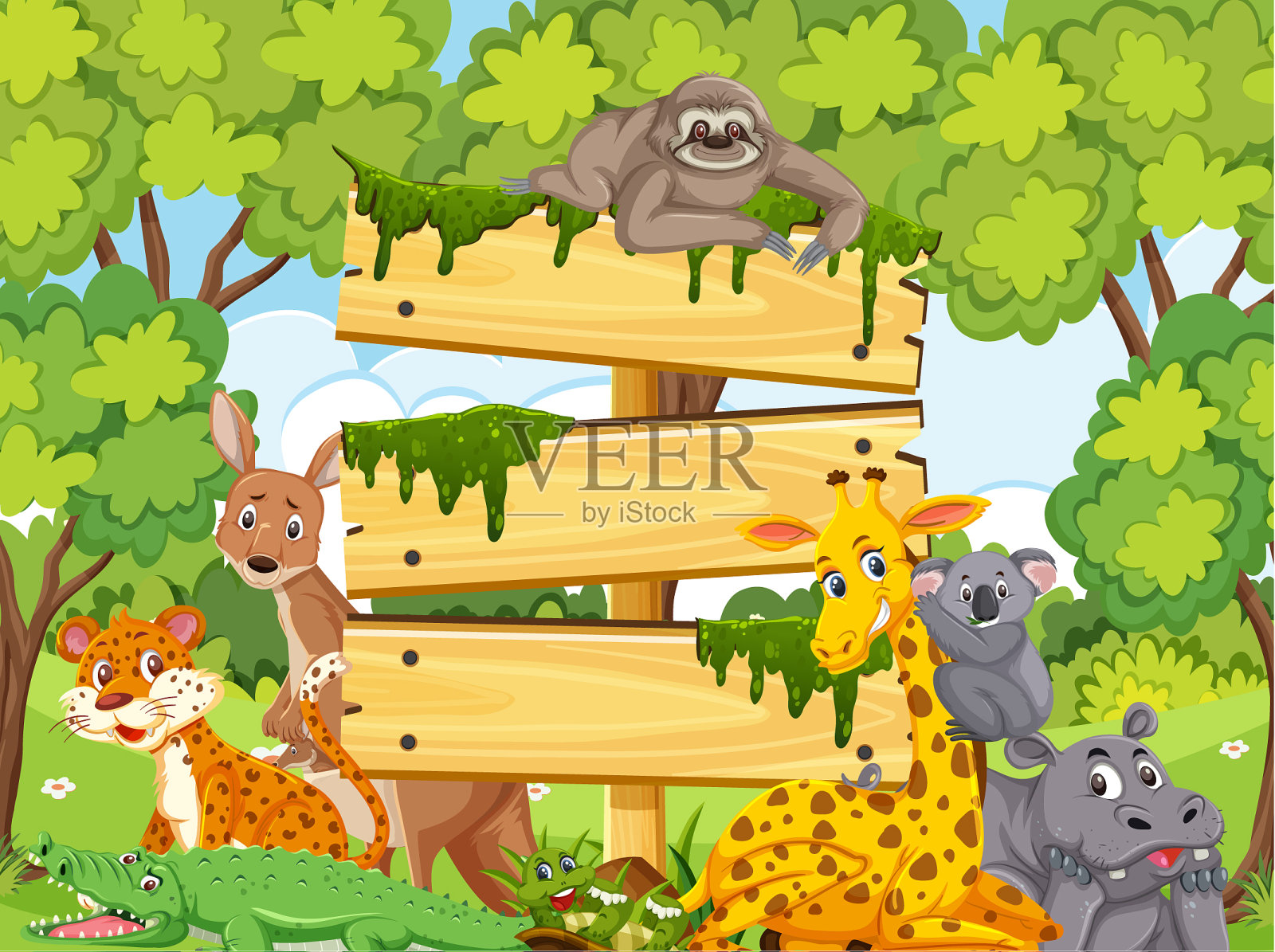 公园内野生动物木制标志模板插画图片素材