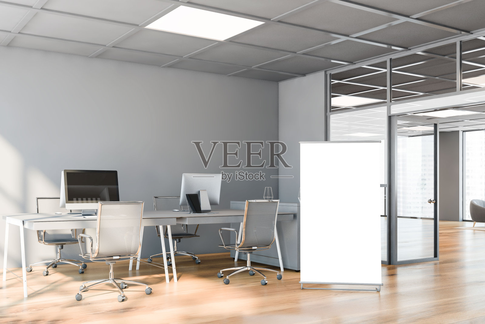 灰色的开放式办公室和海报照片摄影图片