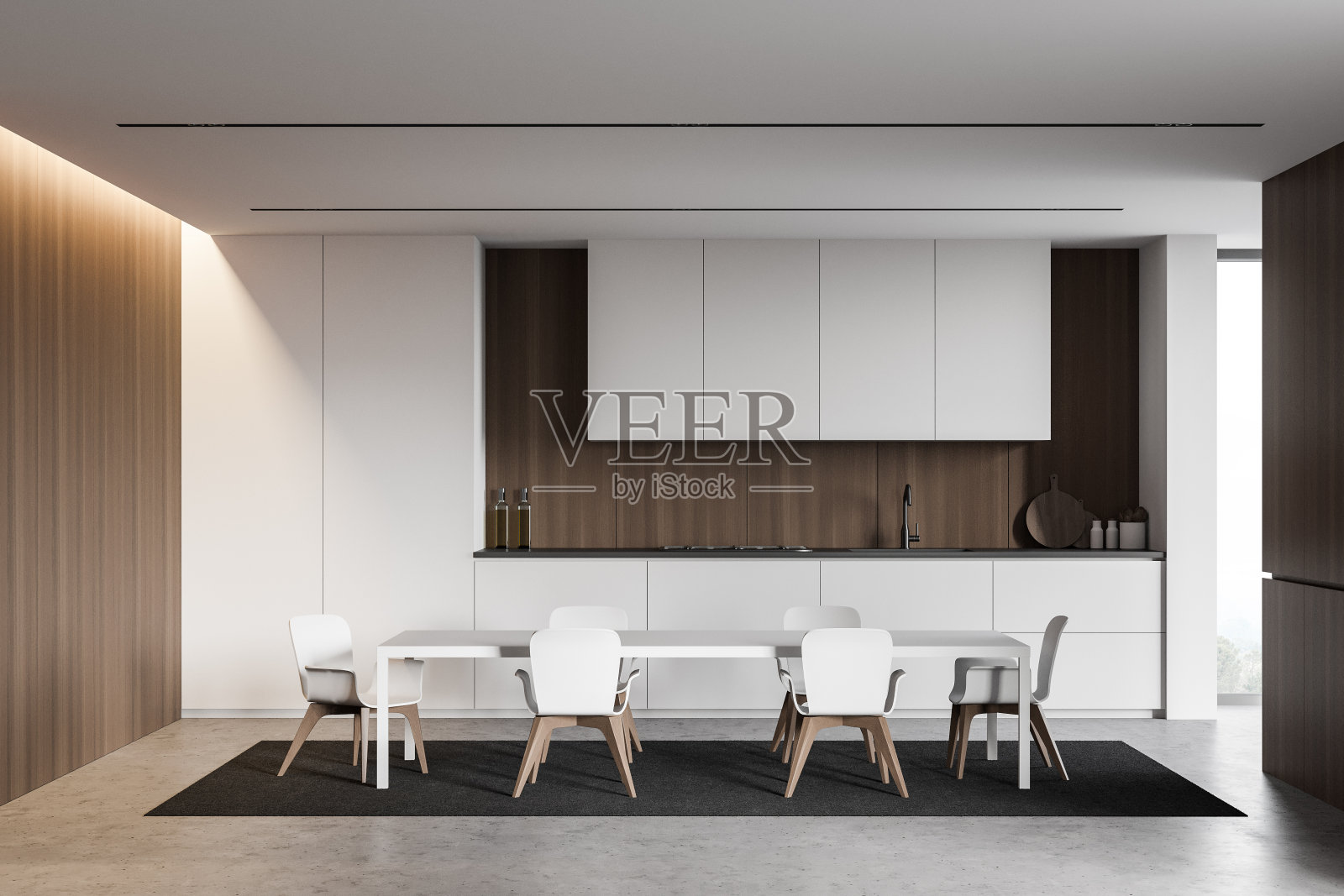 白色木制厨房，台面和桌子照片摄影图片