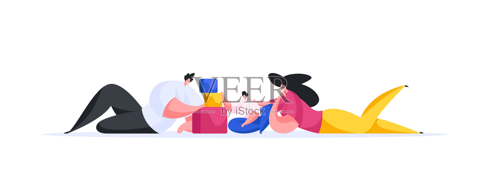 现代父母和孩子在地板上玩耍插画图片素材