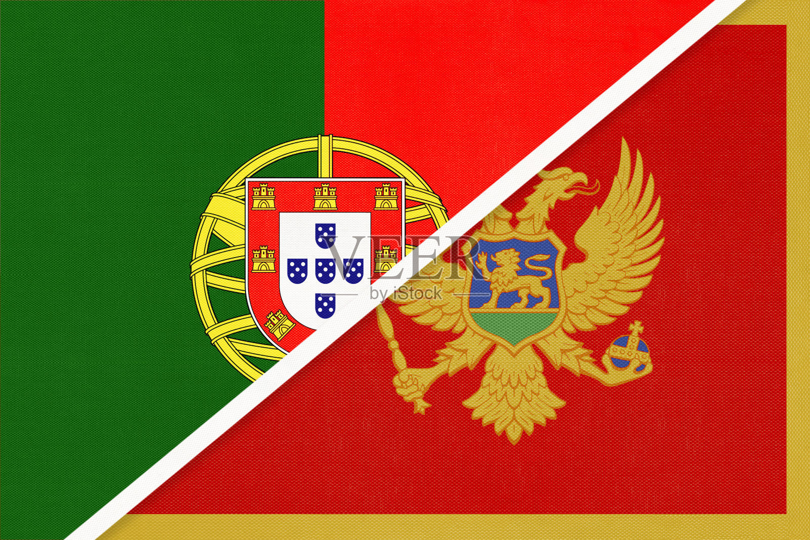 葡萄牙和黑山的国旗象征来自纺织品。两个欧洲国家之间的冠军。插画图片素材