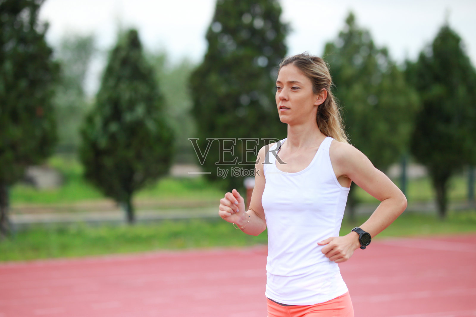 女子短跑运动员在体育场跑步。照片摄影图片