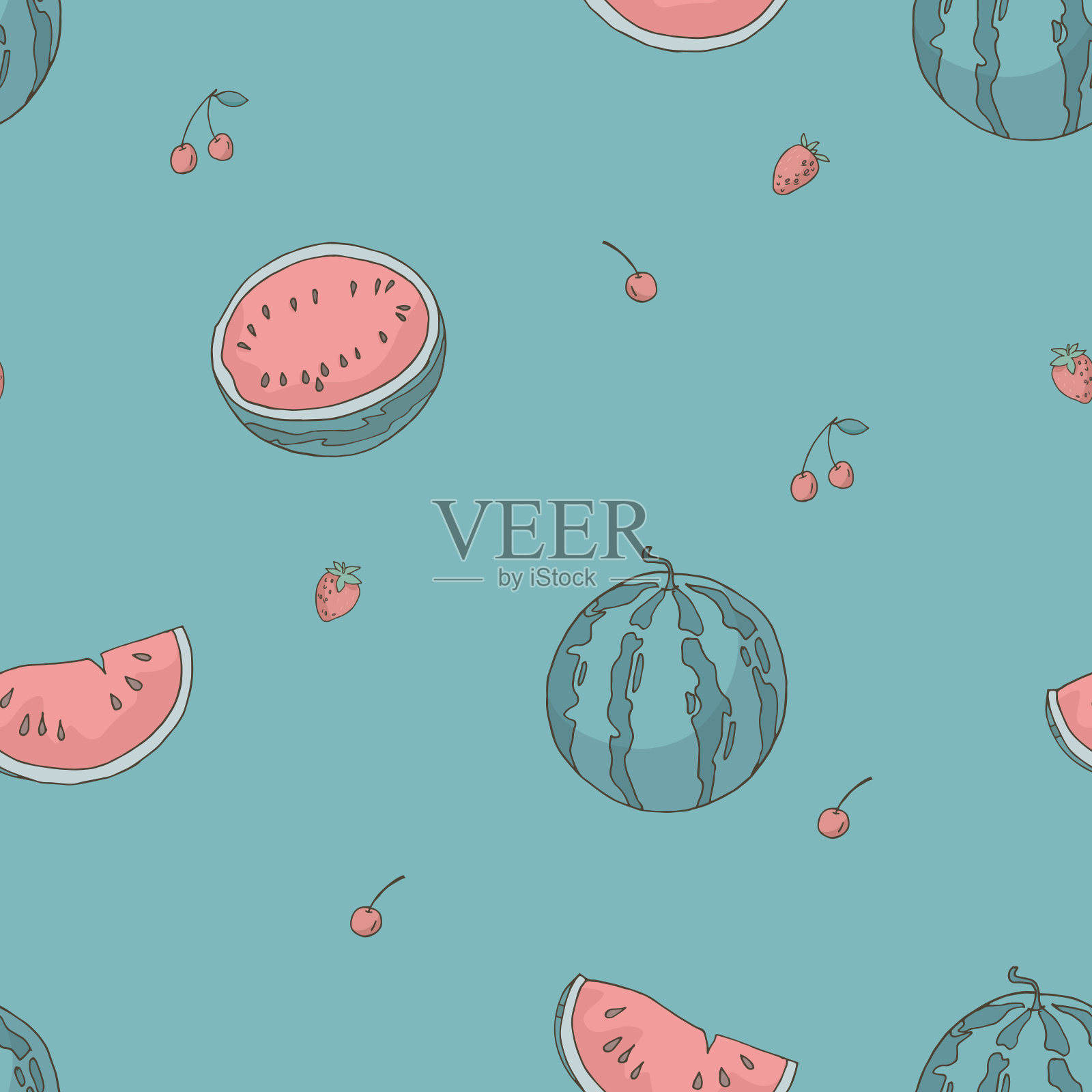 西瓜，樱桃和草莓的无缝图案。插画图片素材