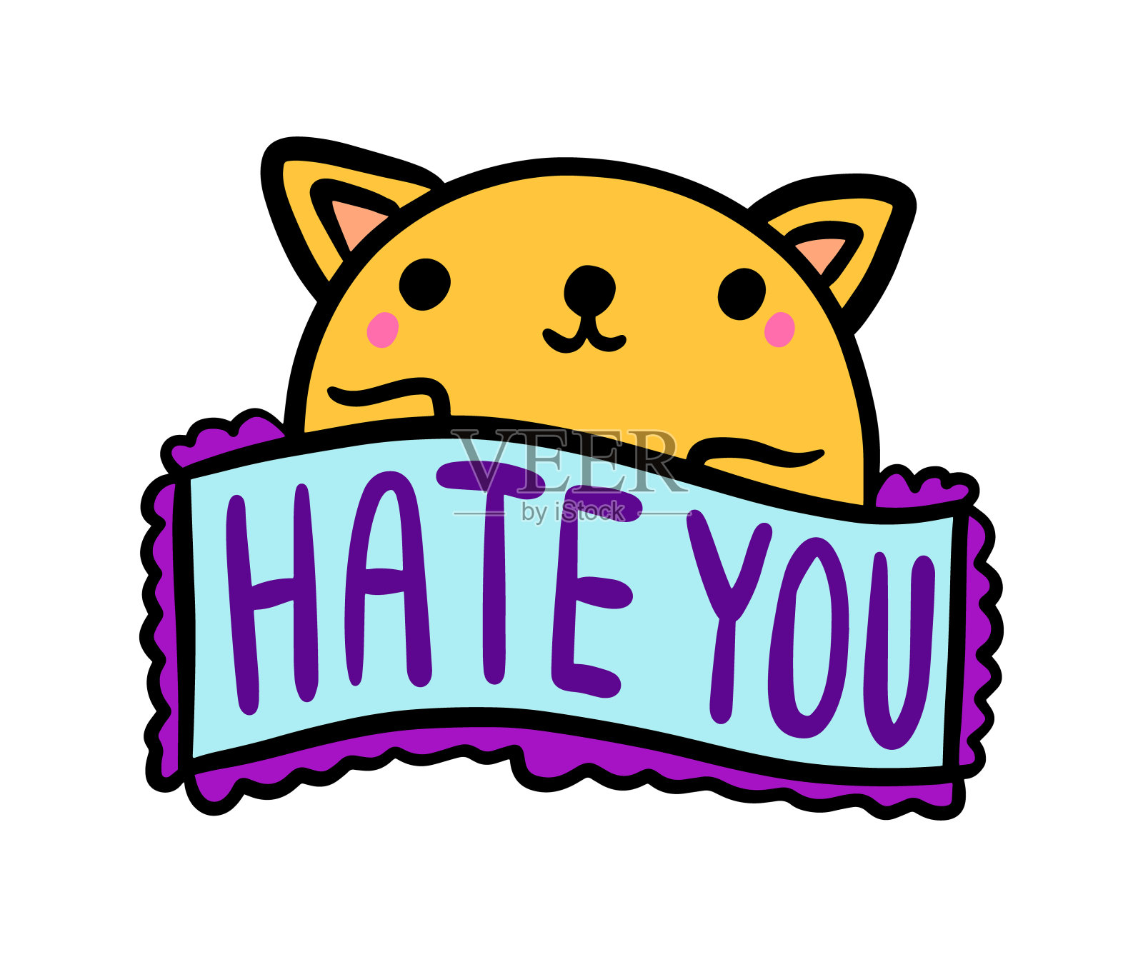 恨你手绘矢量插图在卡通漫画风格猫微笑的标签字母插画图片素材