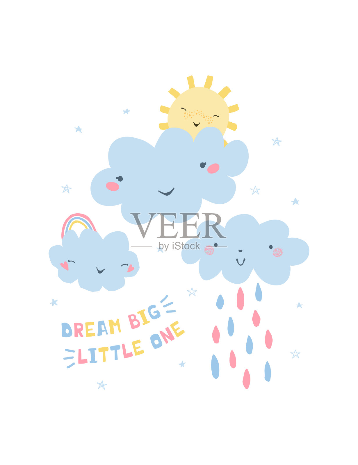 彩色的插图有彩虹，云彩，太阳和手写字母梦想大的孩子。印刷在卡通风格的海报，明信片，织物，墙纸，纺织品。向量插画图片素材