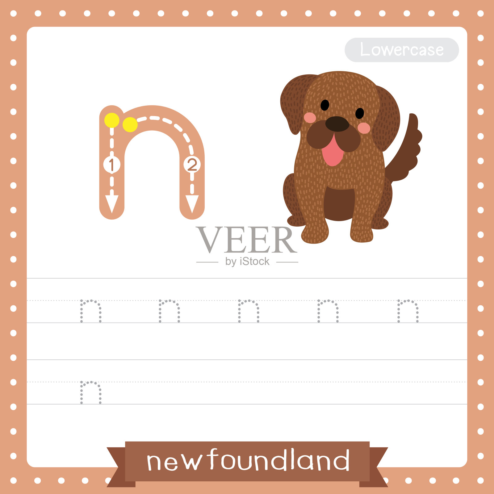 坐纽芬兰犬的小写字母N追踪练习练习表插画图片素材