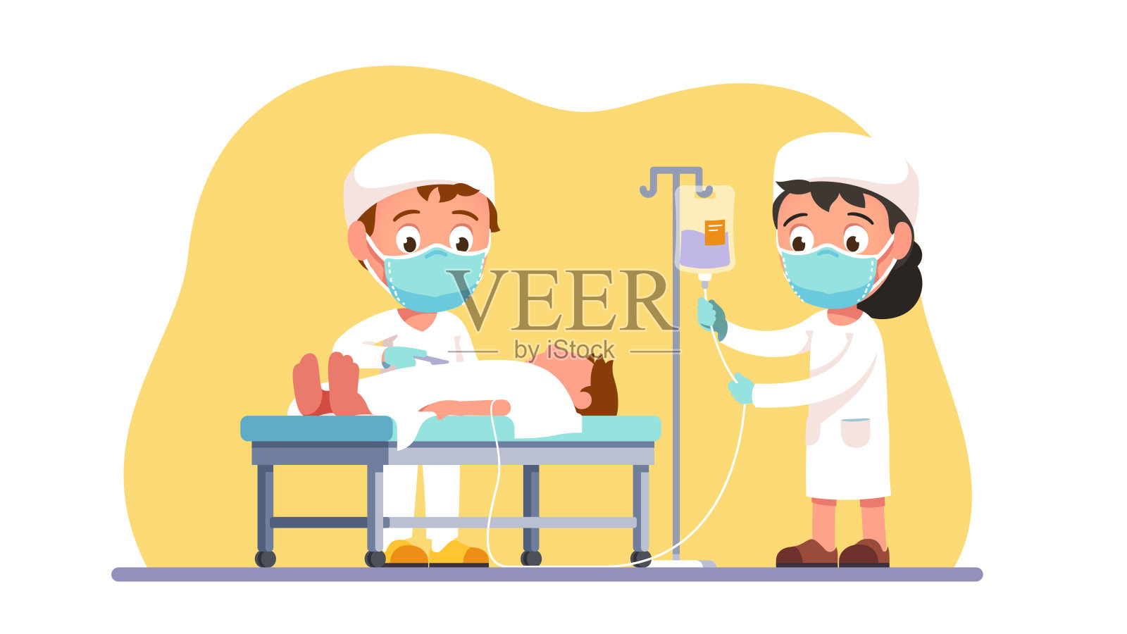 外科医生为病人做手术，助理设置投药器。戴口罩的孩子在医院治疗病人。保健、医药和外科。平面向量插图设计元素图片