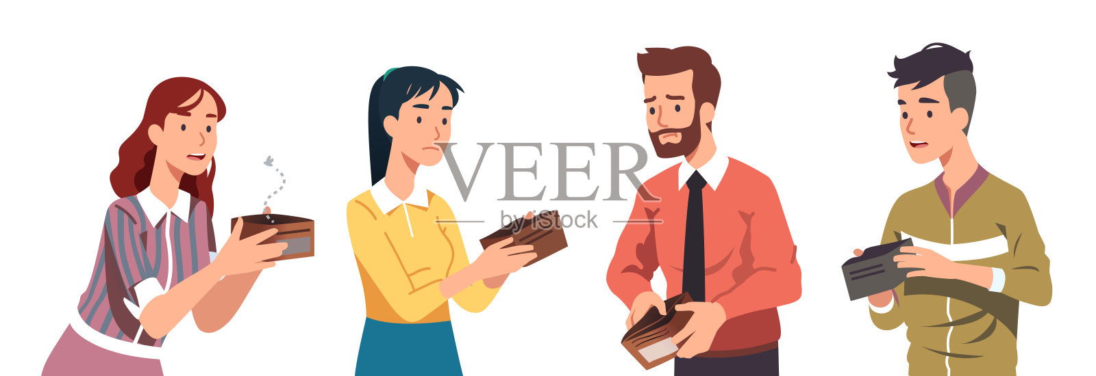 穷男女拿着空空的钱包。可悲的休闲和商务人士没有钱。金融问题、危机、失业、贫困、破产等平面矢量特征说明插画图片素材