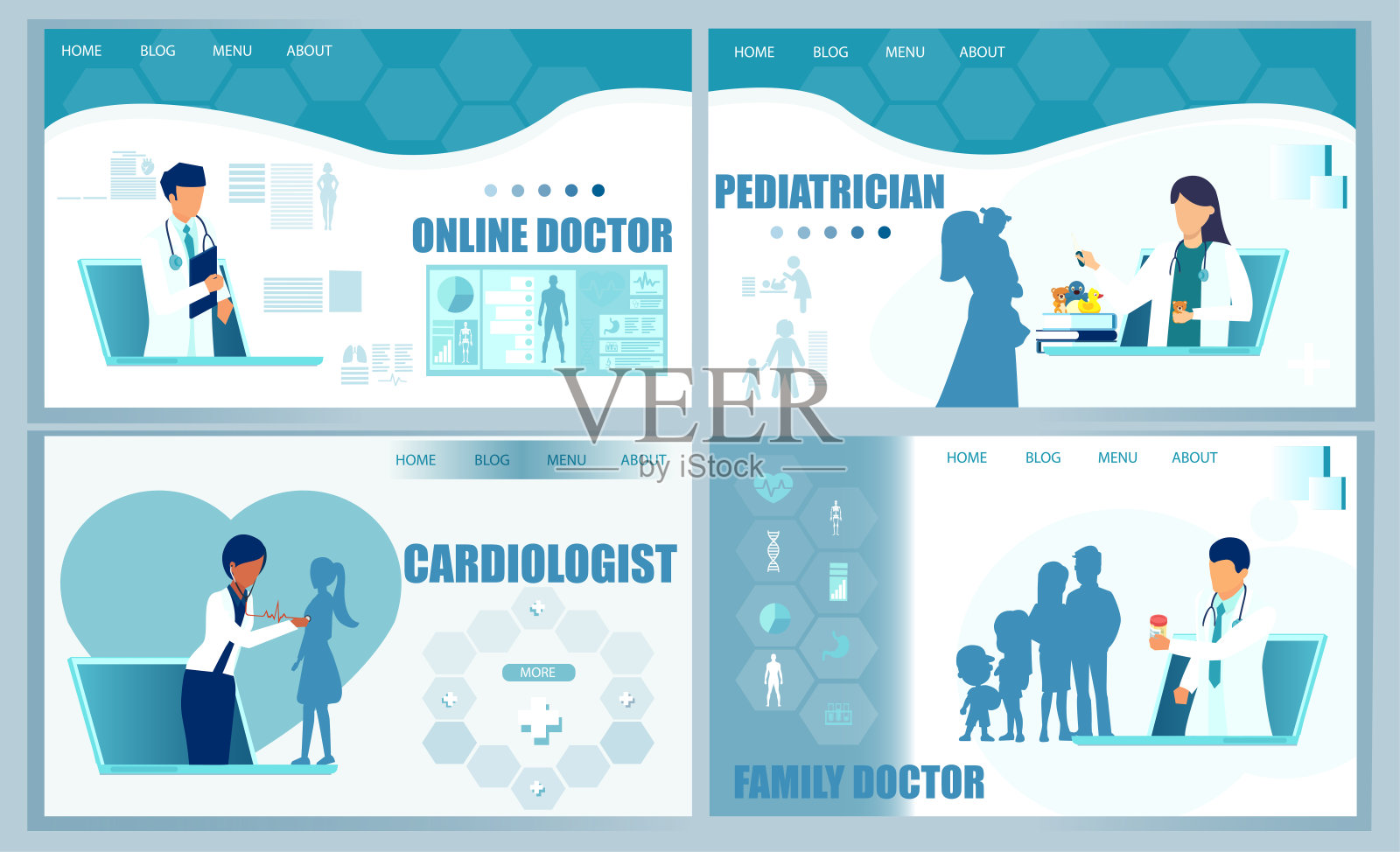 在线医生咨询理念。医疗保健应用网站的平面设计矢量。插画图片素材