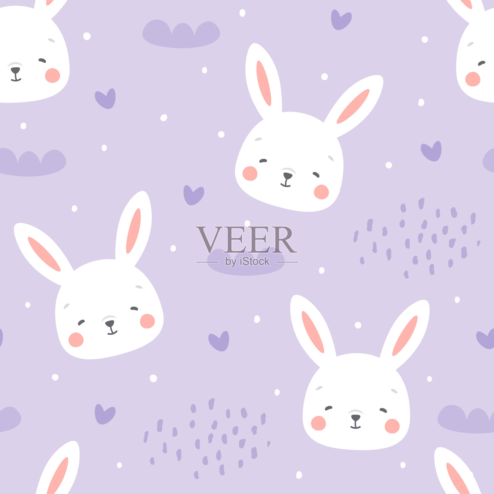 兔子和小鸡无缝图案背景，斯堪的纳维亚快乐兔子与云设计元素图片