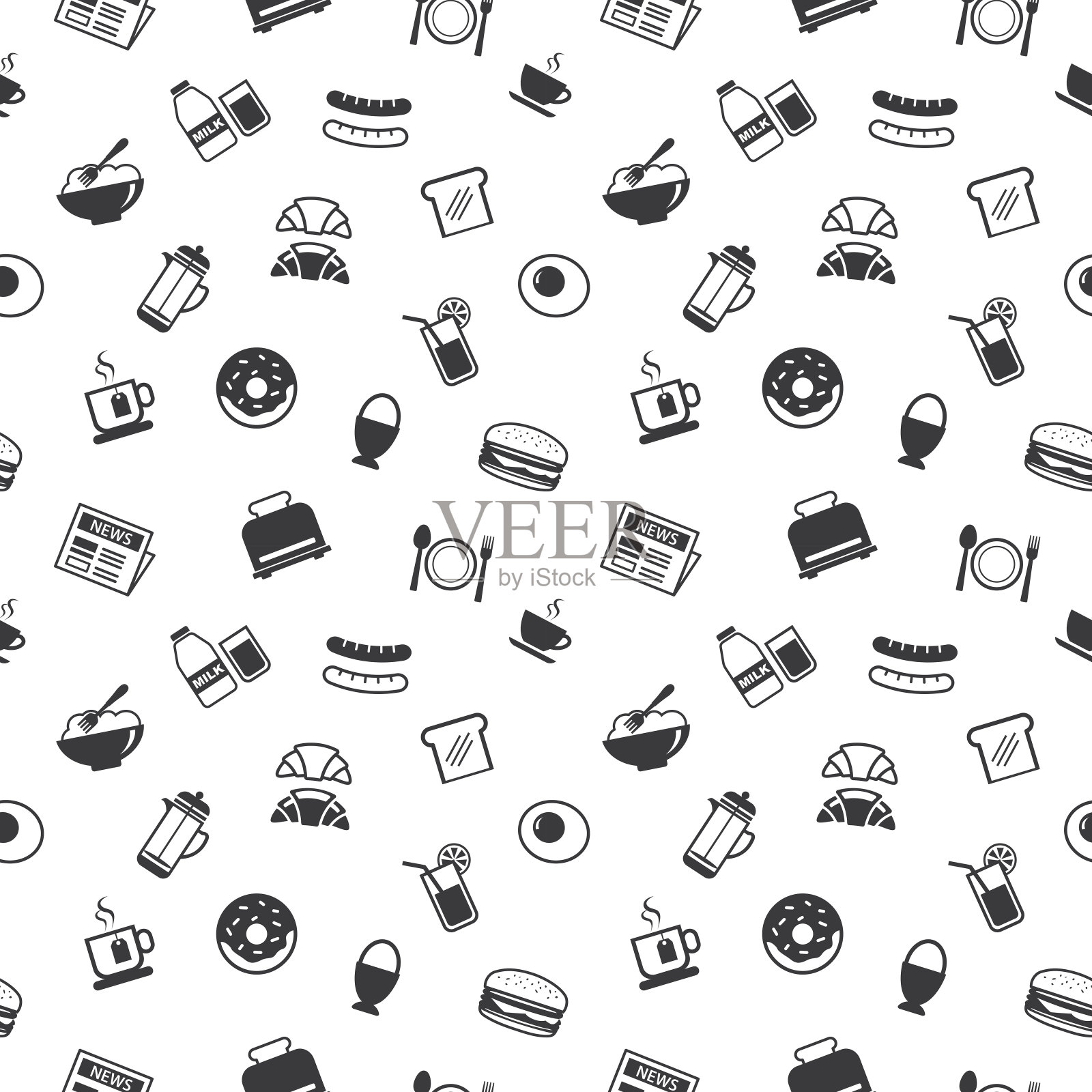 早餐设置无缝模式背景。汉堡，咖啡，茶，煎蛋，牛角面包，果汁，甜甜圈。插画图片素材