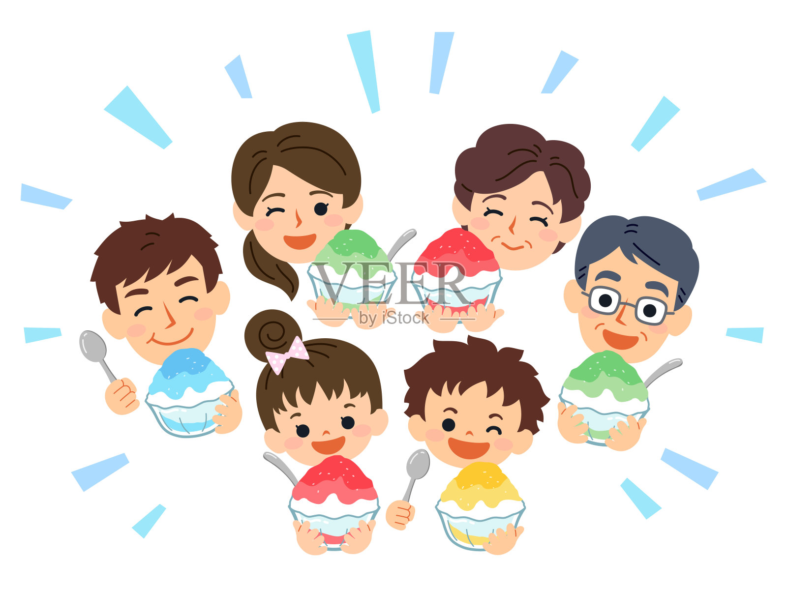 有利于家庭的夏天。爷爷奶奶、父母、儿子和女儿都面带微笑，吃着刨冰。插画图片素材