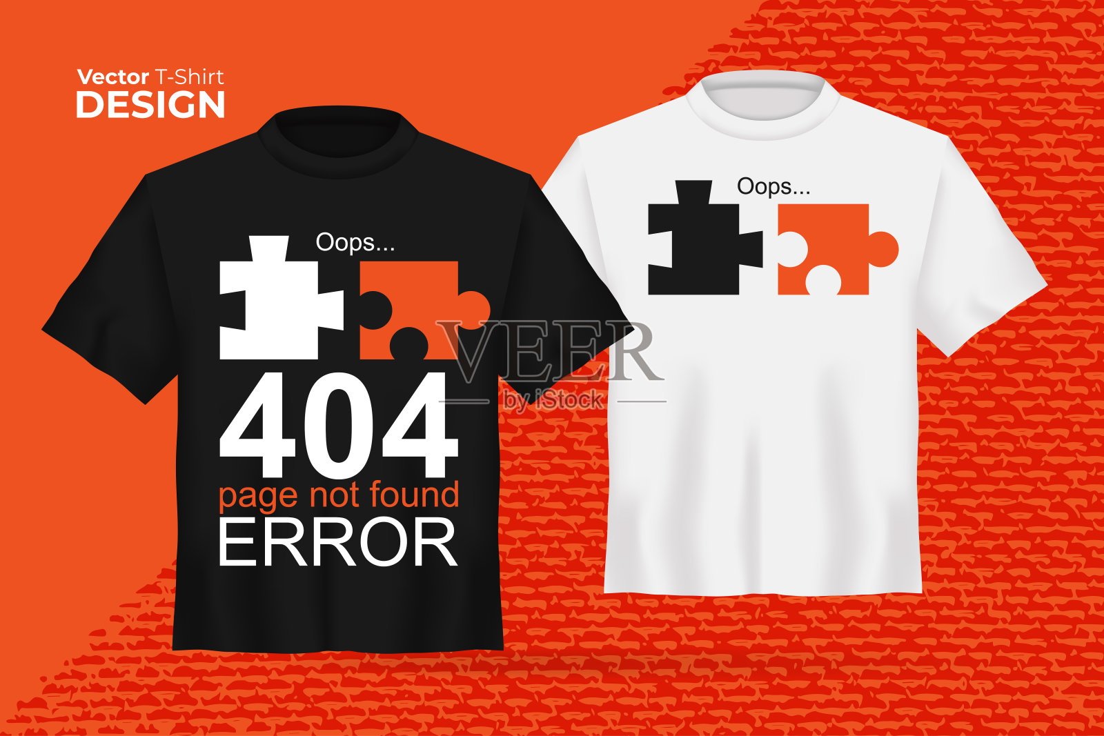 向量t恤模型设置与两个拼图不连接打印。3d现实衬衫模板与口号-糟糕，404错误，页未找到。黑色和白色的男孩和女孩tee在橙色的背景插画图片素材
