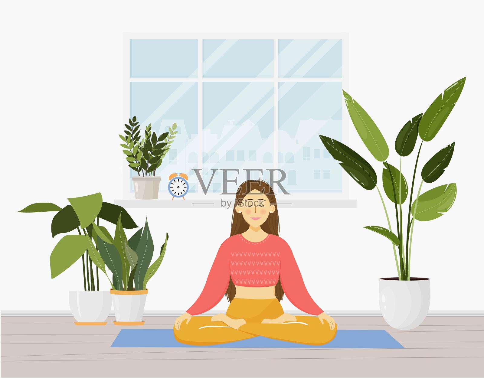 年轻女子坐在瑜伽莲花姿势插画图片素材