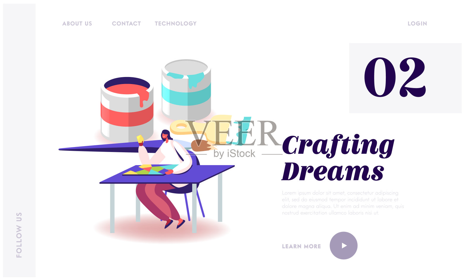 采购产品彩色玻璃生产制造，手工爱好，古董工艺着陆页模板。在巨大的油漆桶和刷子上组装彩色玻璃碎片。卡通矢量图插画图片素材