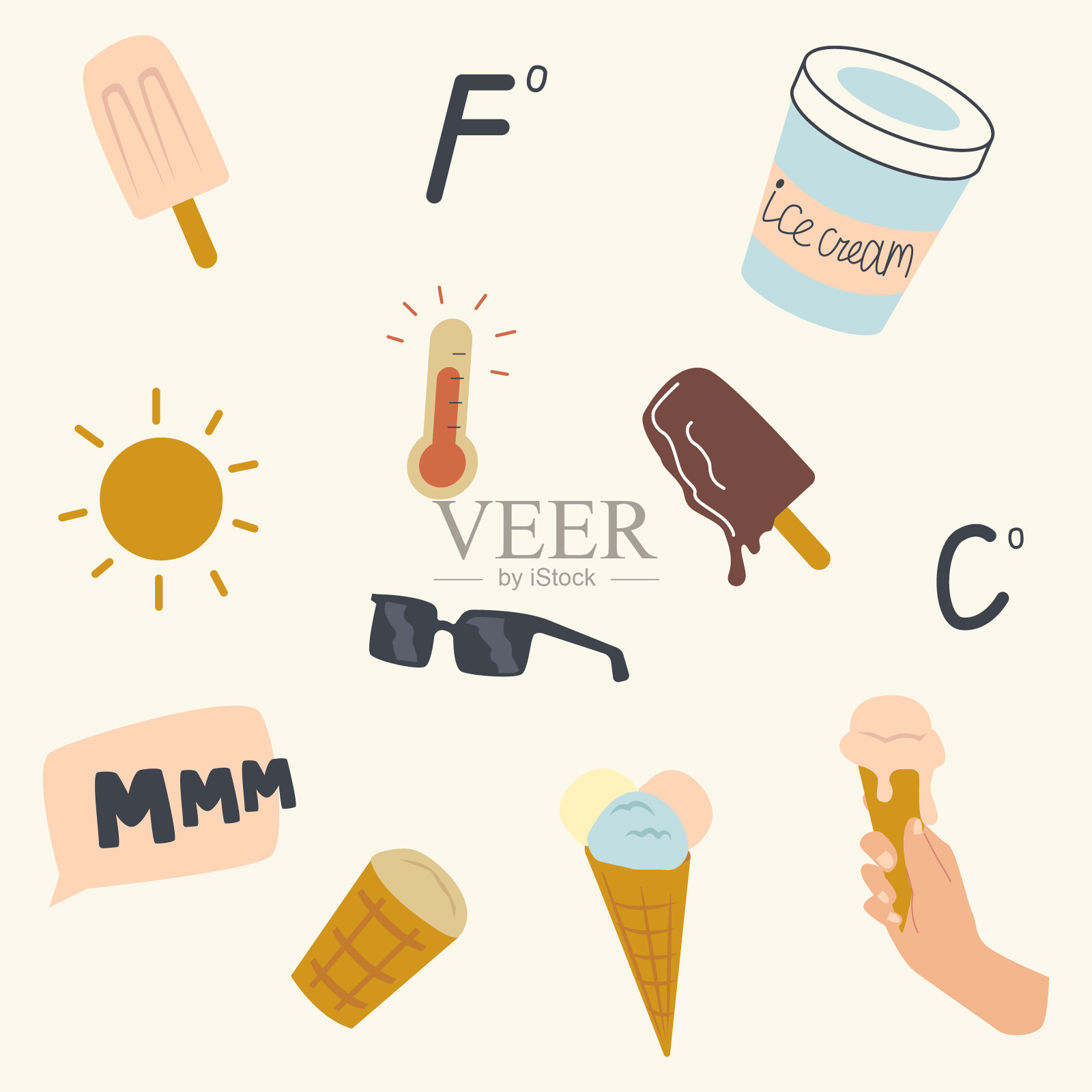 一套融化的冰淇淋和夏季配件太阳镜，阳光灿烂，温度计显示高温，夏季打印，织物装饰，包装纸设计。线性向量插图插画图片素材