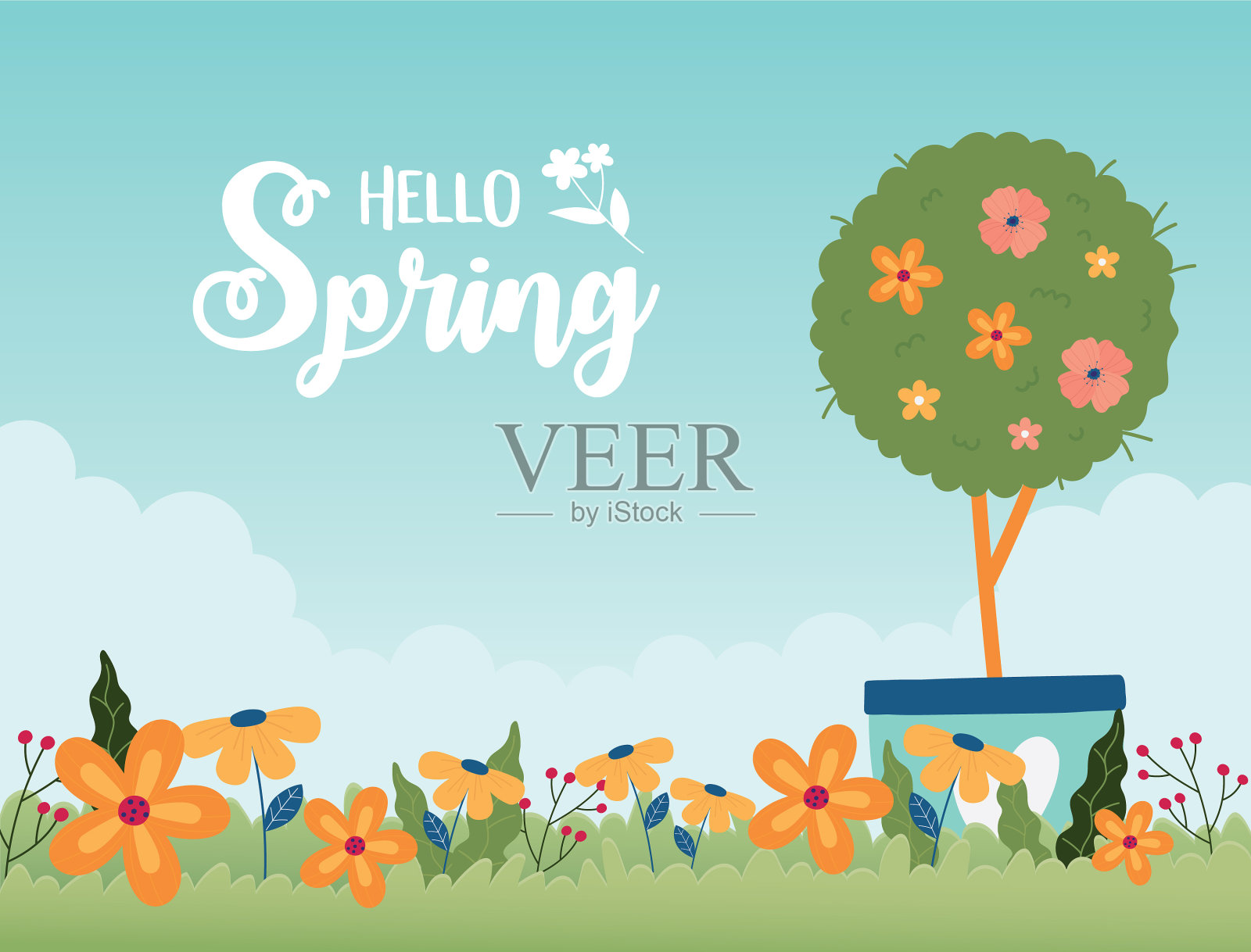 37、快乐春盆栽树花草园花插画图片素材