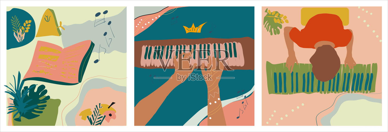 手弹钢琴，节拍器和钢琴琴键上的音符插画图片素材