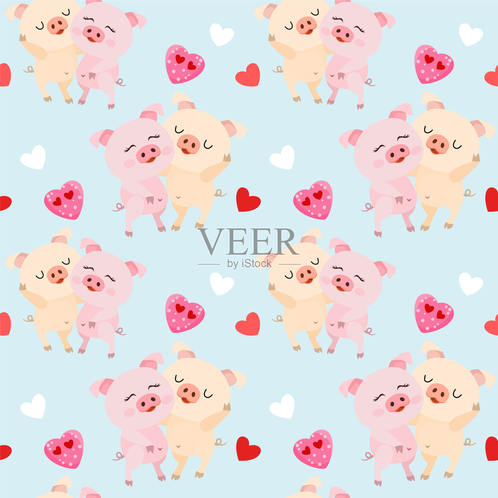 可爱的一对猪与心形无缝模式插画图片素材