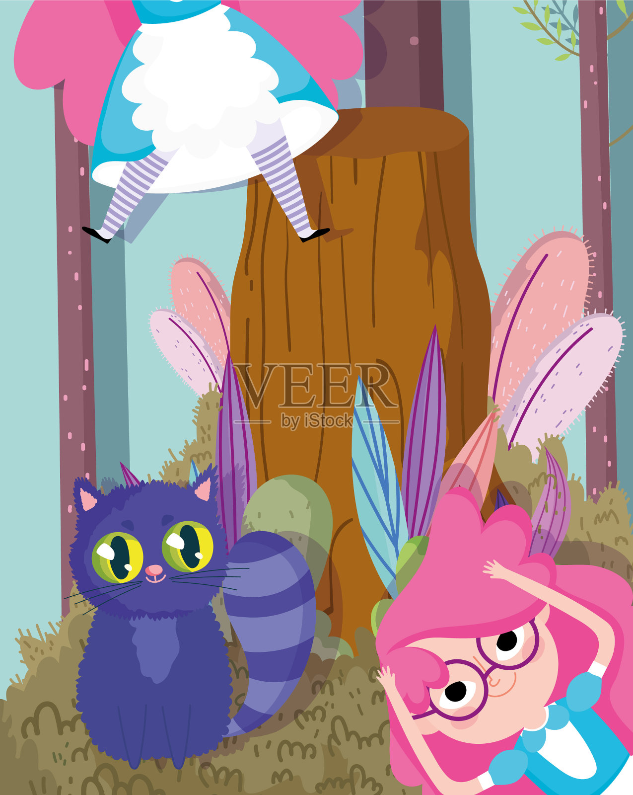 可爱的女孩和带条纹尾巴的猫森林卡通插画图片素材