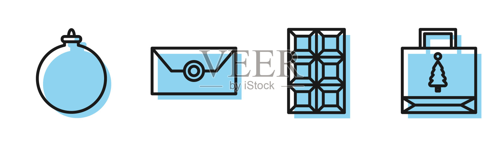套线巧克力棒，圣诞球，信封与圣诞派对邀请卡和圣诞纸购物袋图标。向量图标素材