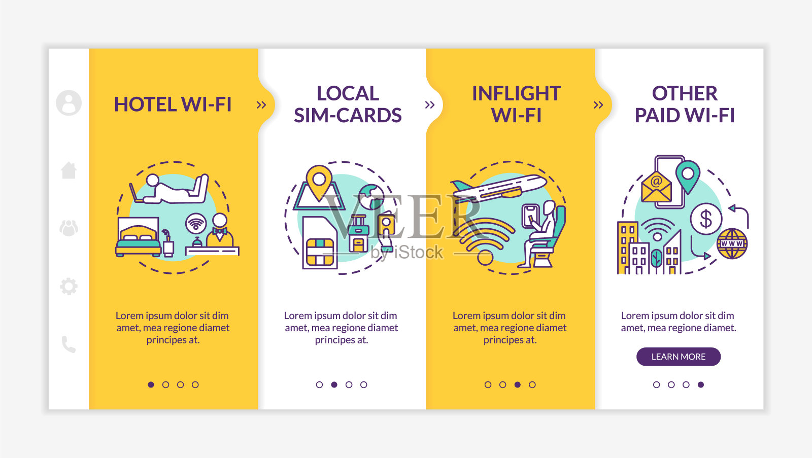 免费互联网和付费WI-fi在线矢量模板。本地SIM卡，酒店和航班连接。响应式手机网站与图标。网页演练步骤屏幕。RGB颜色的概念插画图片素材