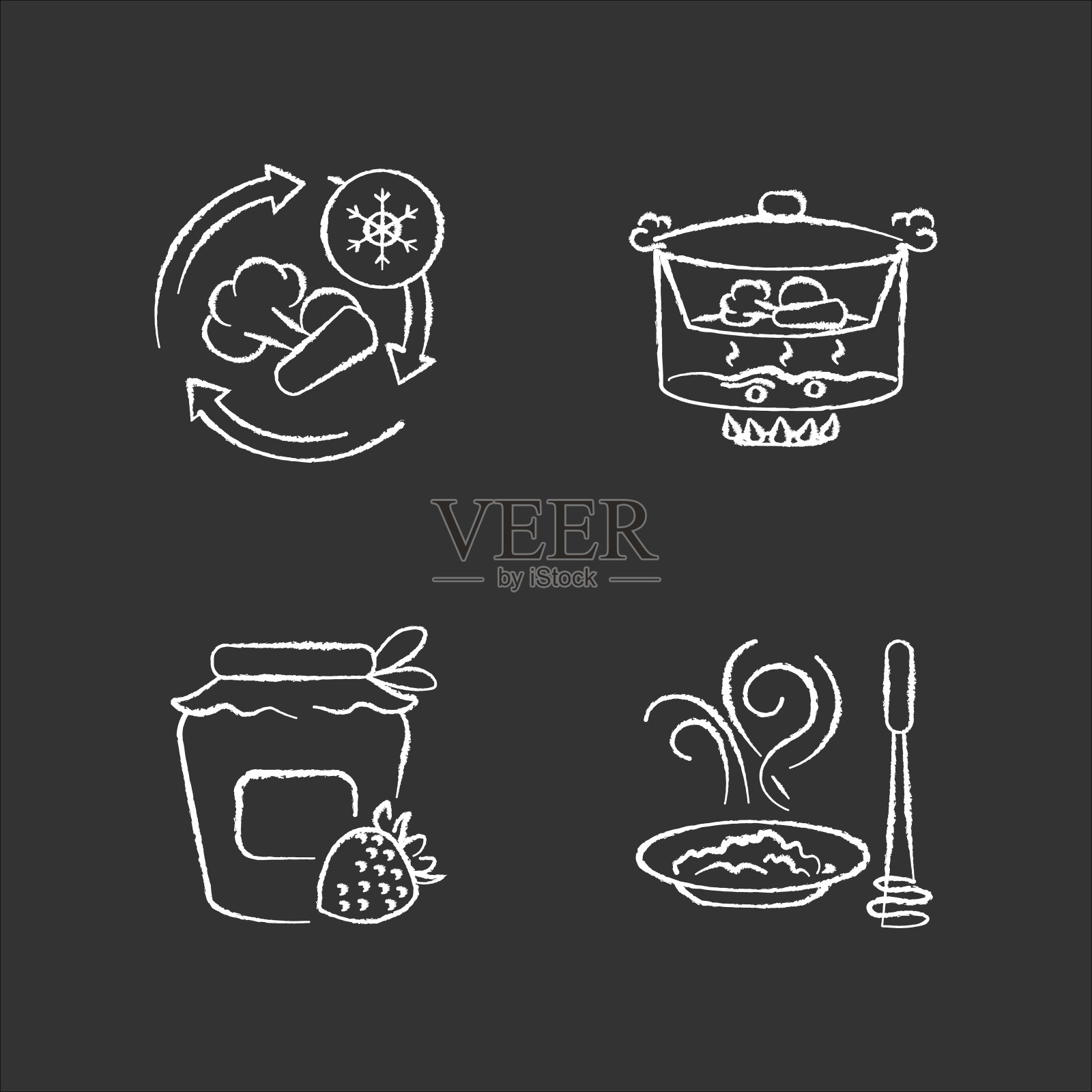 烹饪方法粉笔白色图标设置在黑色背景。产品制备和保存技术。食品冷冻，罐装，蒸和泥隔离病媒黑板插图图标素材