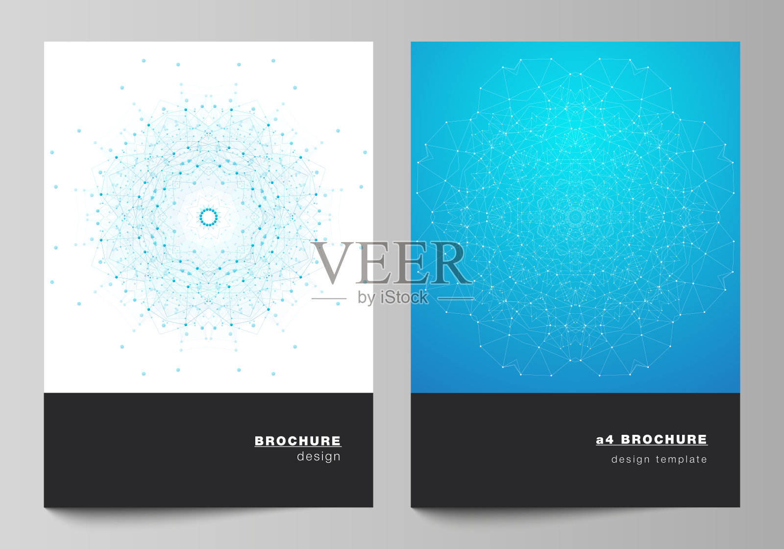 矢量布局A4格式现代封面模型设计模板的小册子，杂志，传单，小册子，报告。大数据可视化，几何通信背景与连接线和点插画图片素材