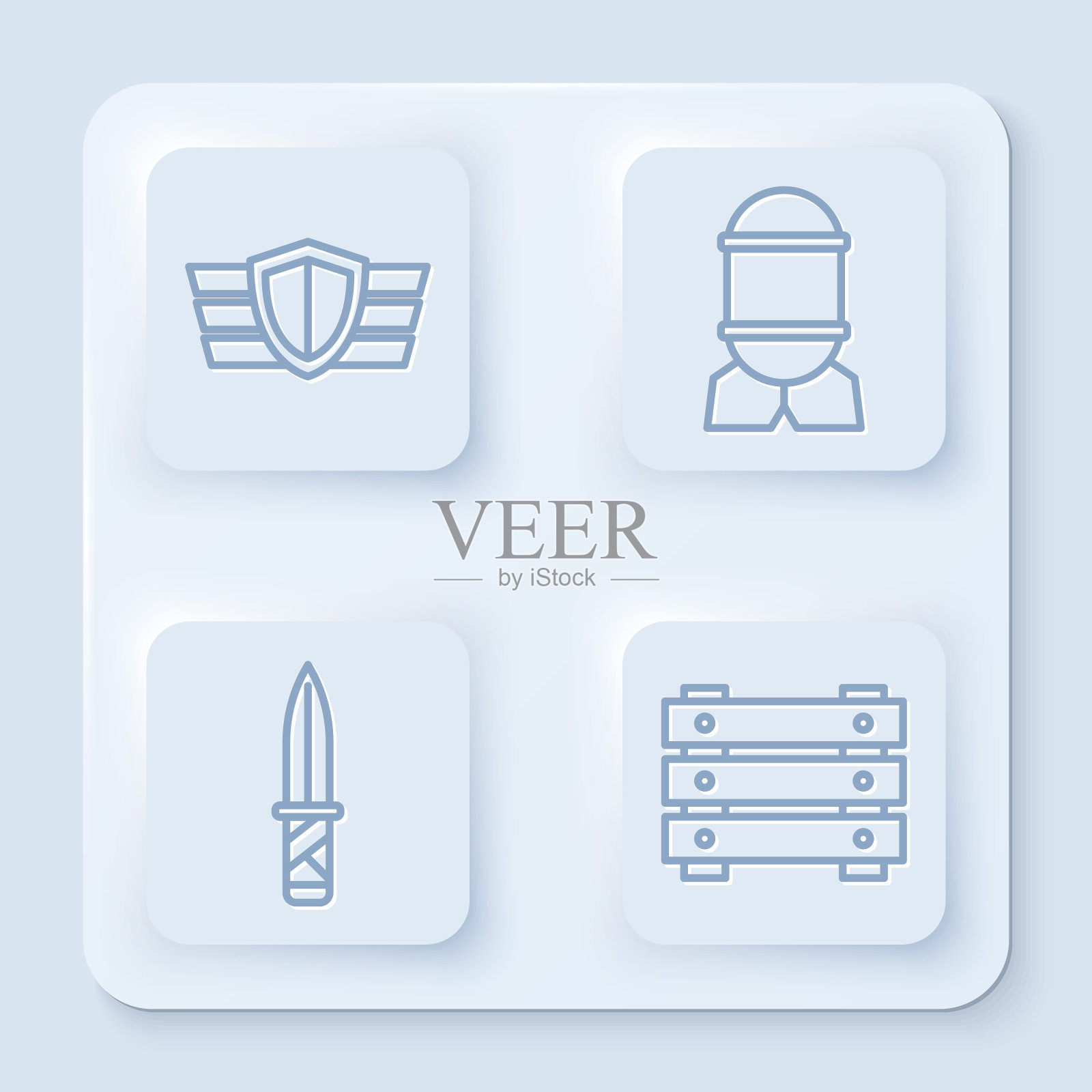设行军奖勋章、航空炸弹、军刀、军药箱。白色正方形按钮。向量插画图片素材