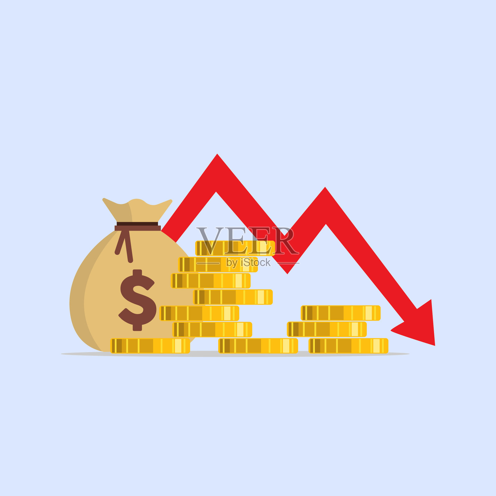 钱袋上的硬币箭头指向白色插画图片素材