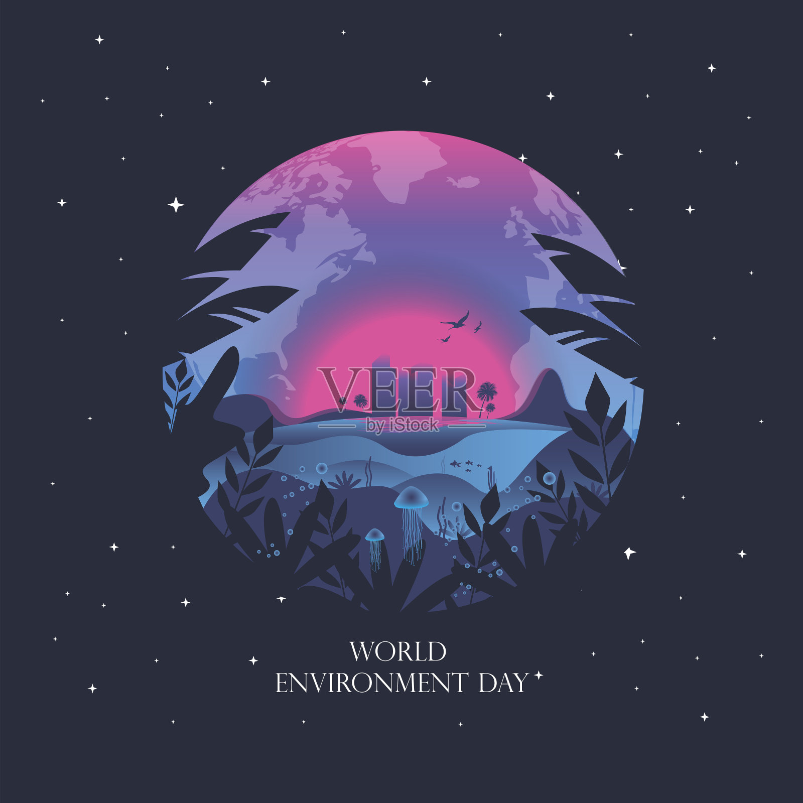 世界环境日。世界海洋日。拯救地球。矢量插图灵感来自80年代迪斯科音乐，3d背景，霓虹灯，生态，我们的世界和海洋，水下世界在日落股票插图插画图片素材