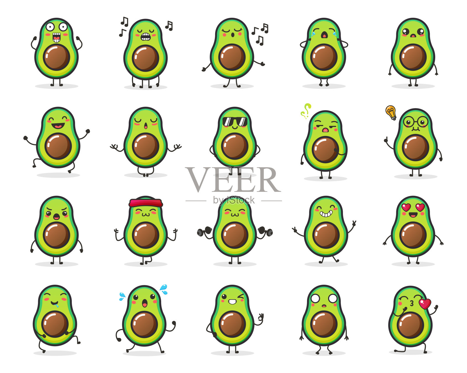 一套可爱的牛油果水果人物在不同的行动情绪为插图或吉祥物。插画图片素材