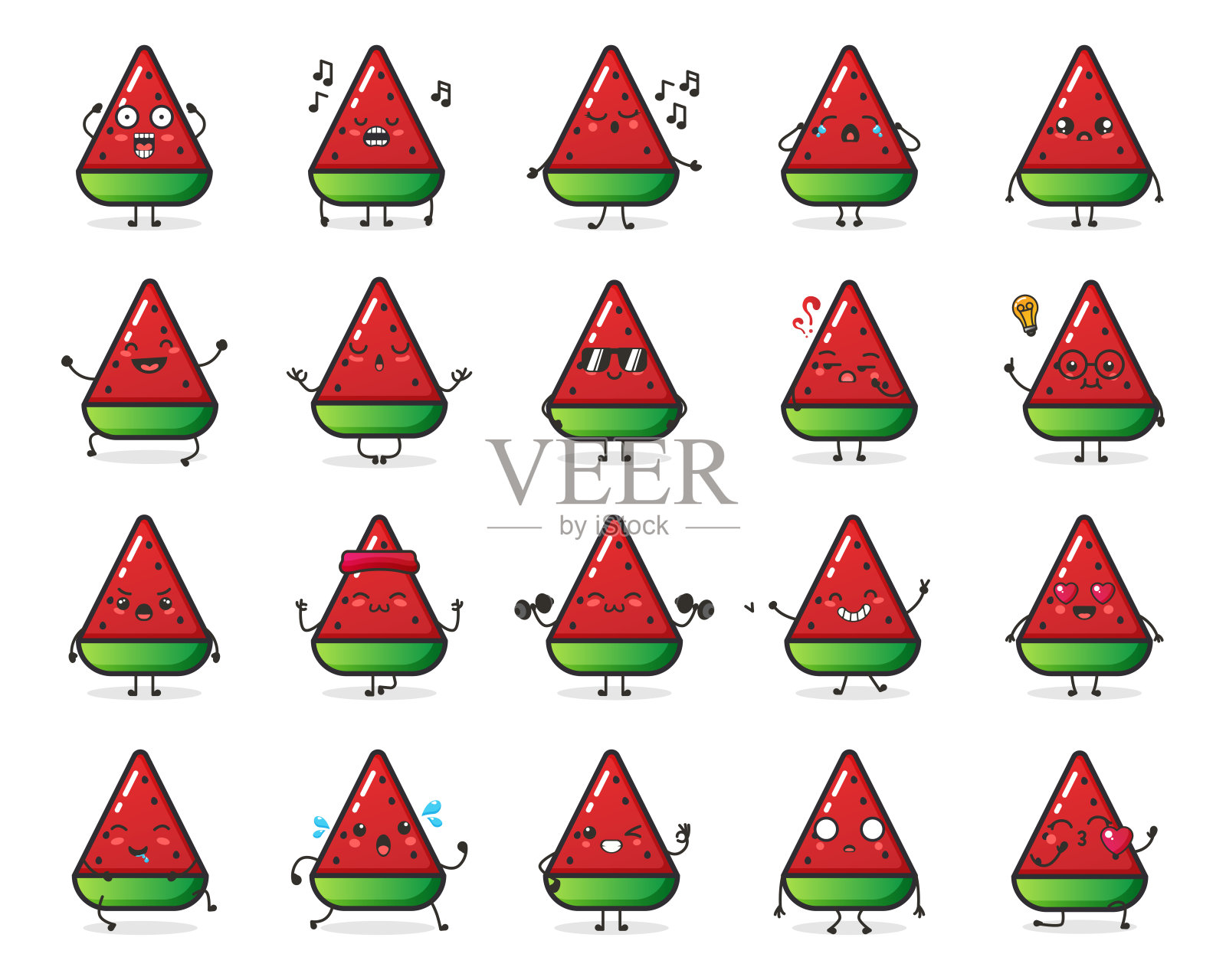 一套可爱的西瓜水果角色在不同的行动情绪为插图或吉祥物。插画图片素材