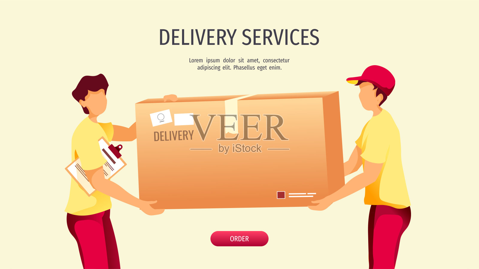 网页设计为送货服务，在线订购，送货员，货物运输。搬运工们提着一个大箱子。插画图片素材
