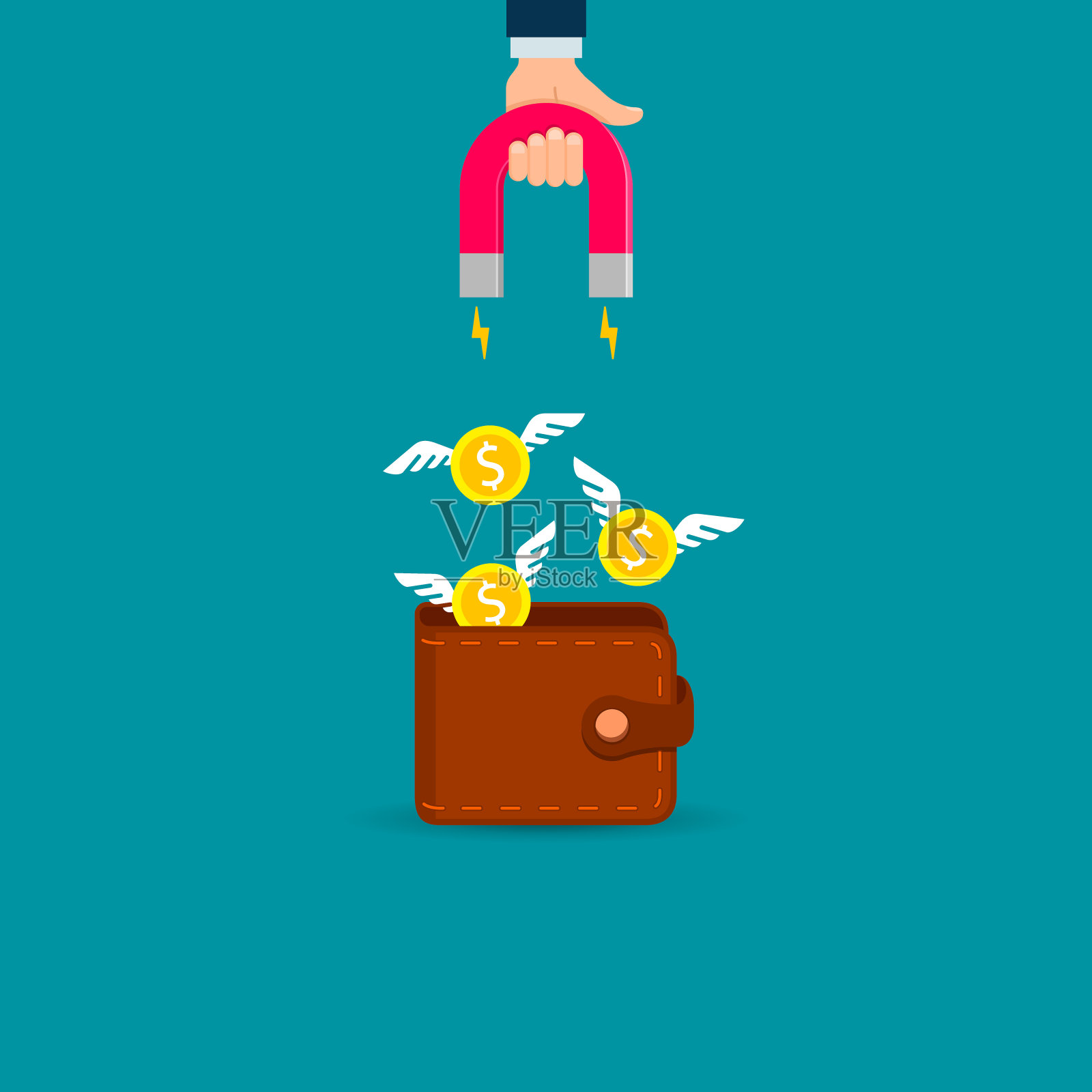 用磁铁从钱包里偷钱。矢量商业插图，商业概念插画图片素材