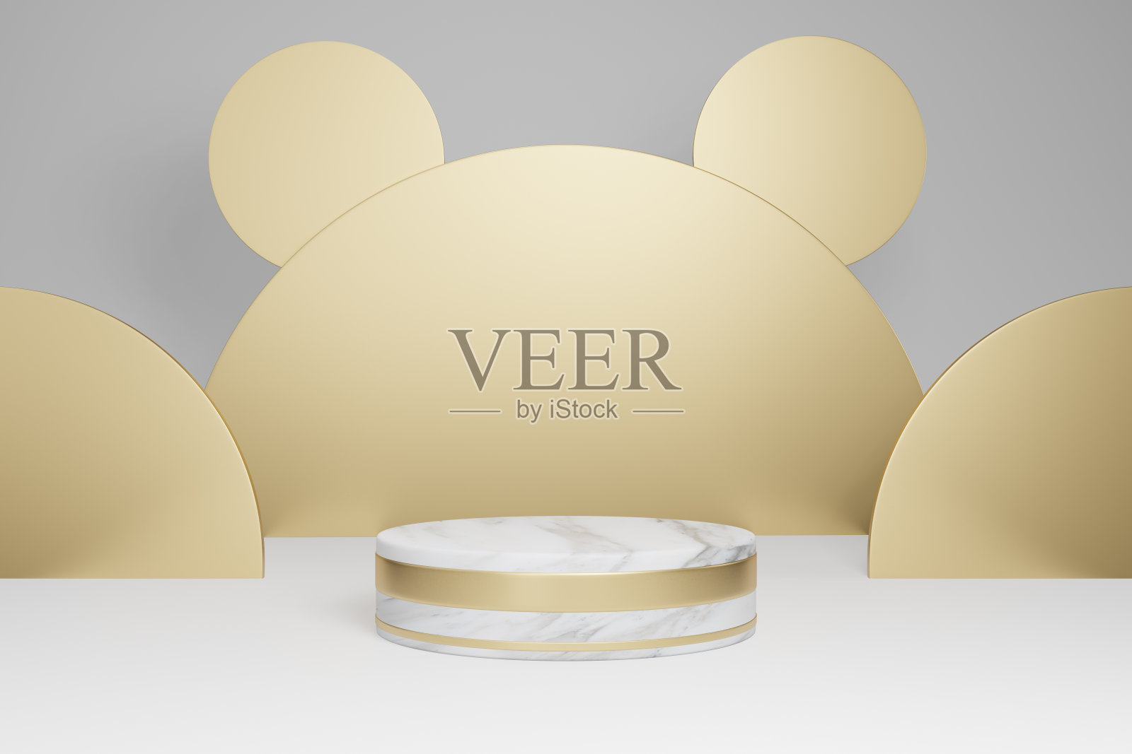 模拟工作室与大理石圆柱形状，讲台，平台的产品展示，与金色物体装饰在灰色背景。三维渲染照片摄影图片
