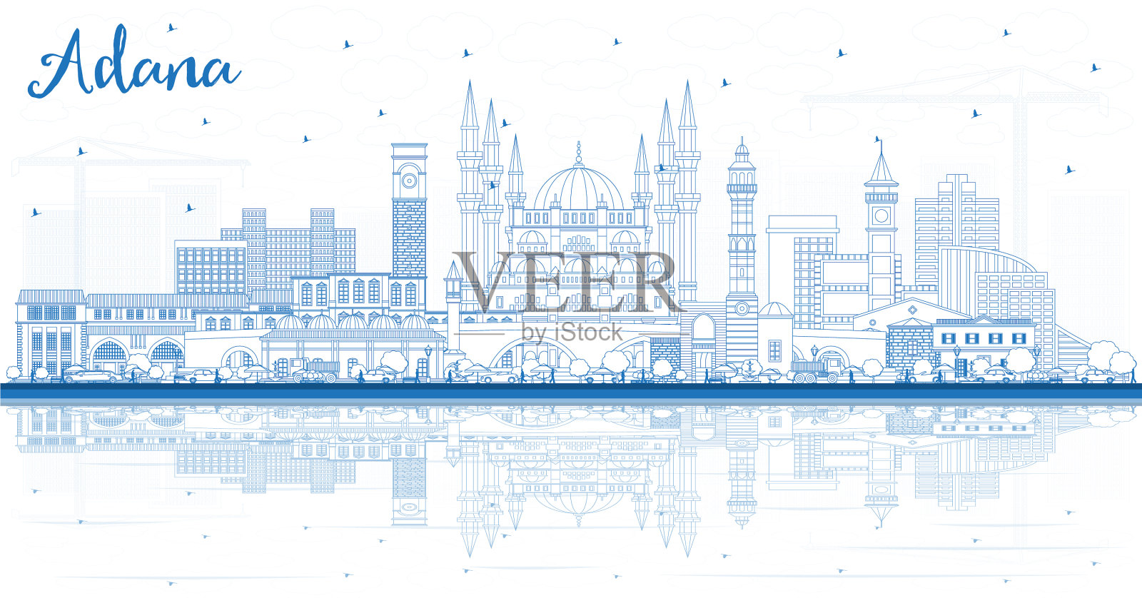 用蓝色勾勒出土耳其阿达纳市的轮廓线插画图片素材