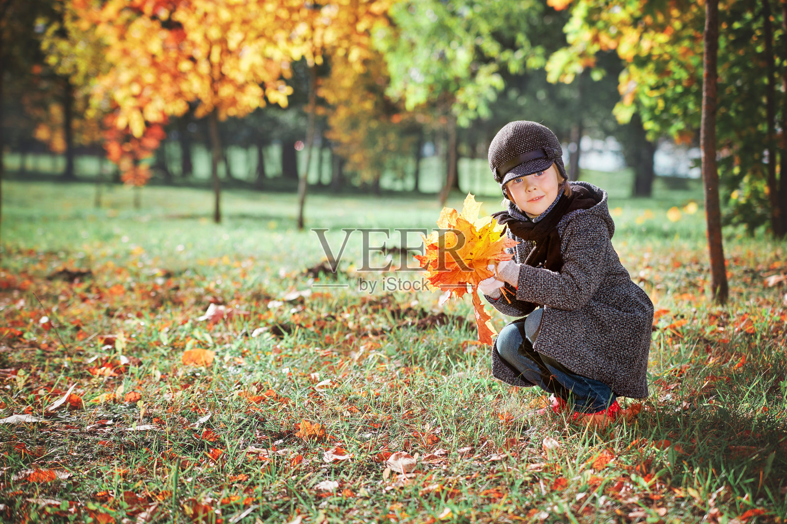 小女孩微笑着收集秋叶。照片摄影图片