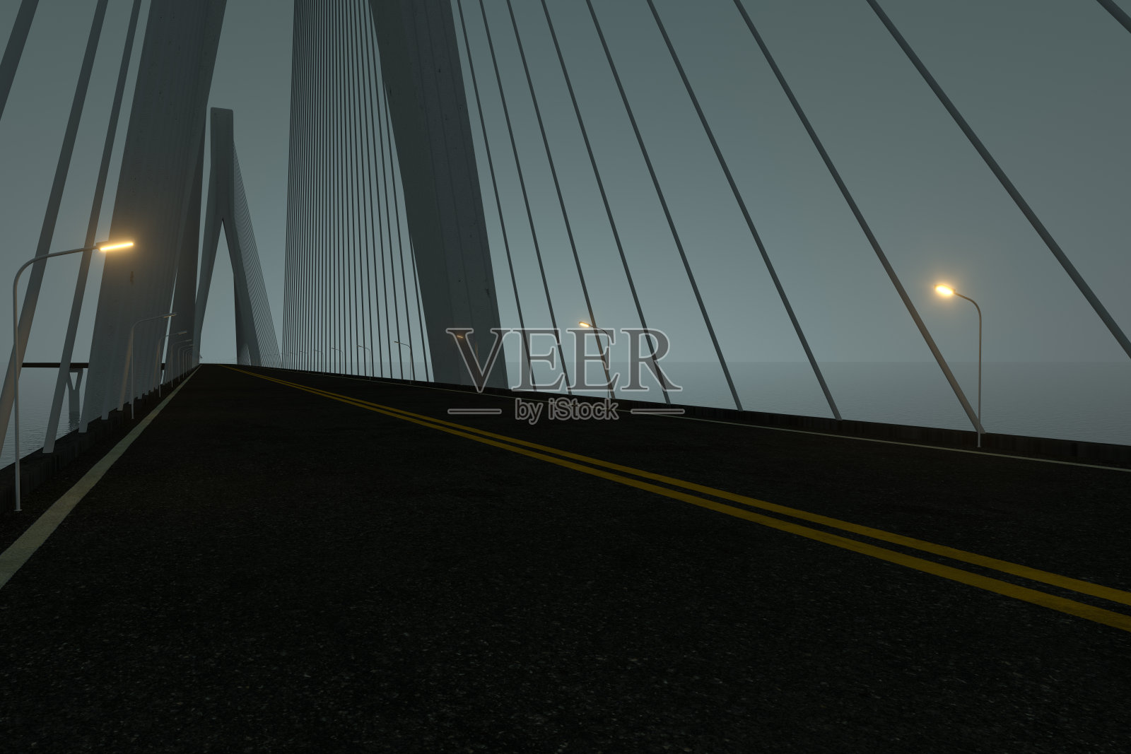 沥青路面上的悬索桥在夜间，3d渲染。照片摄影图片