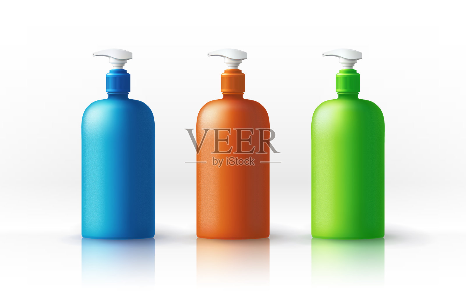 一套蓝色，橙色，绿色的缎纹塑料瓶，用于卫生和消毒产品。物体，阴影，光泽和反射在单独的层上。向量。插画图片素材