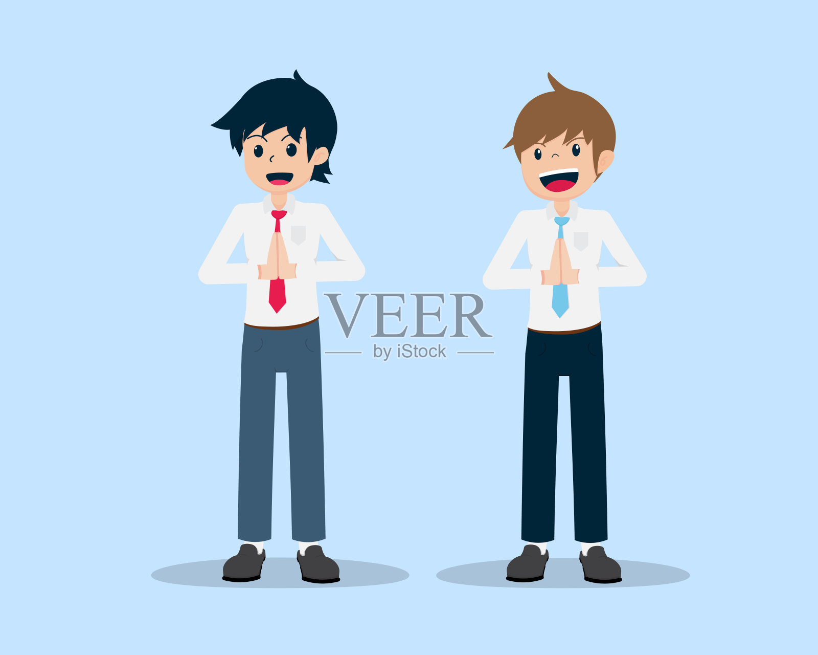 工薪族和年轻人站在一起，双手互相问候插画图片素材