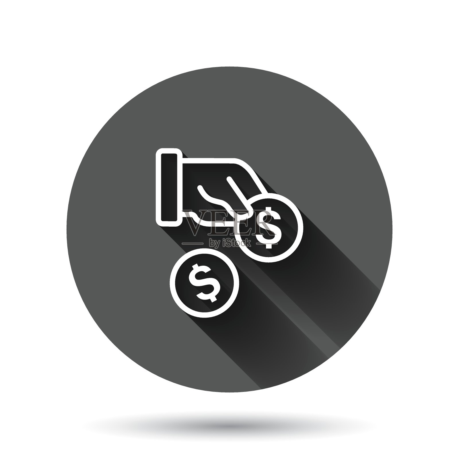 薪酬图标在平坦的风格。金钱在手矢量插图上的黑色圆形背景与长阴影效果。铸币工资单圈纽扣经营理念。插画图片素材