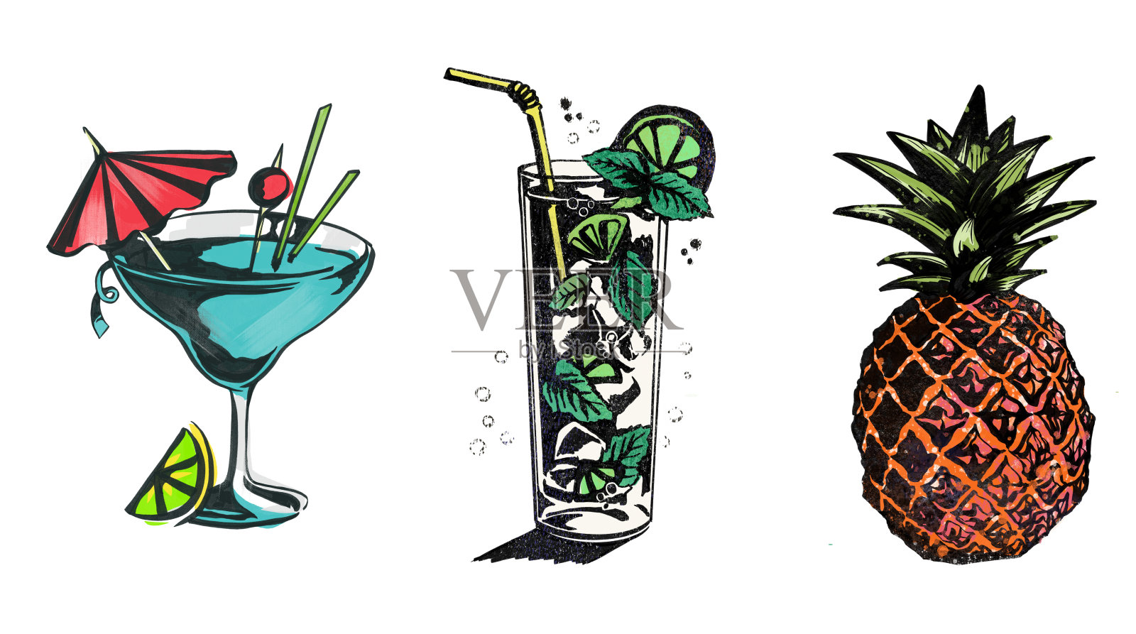 对比颜色鸡尾酒和菠萝邮票风格手绘插图插画图片素材